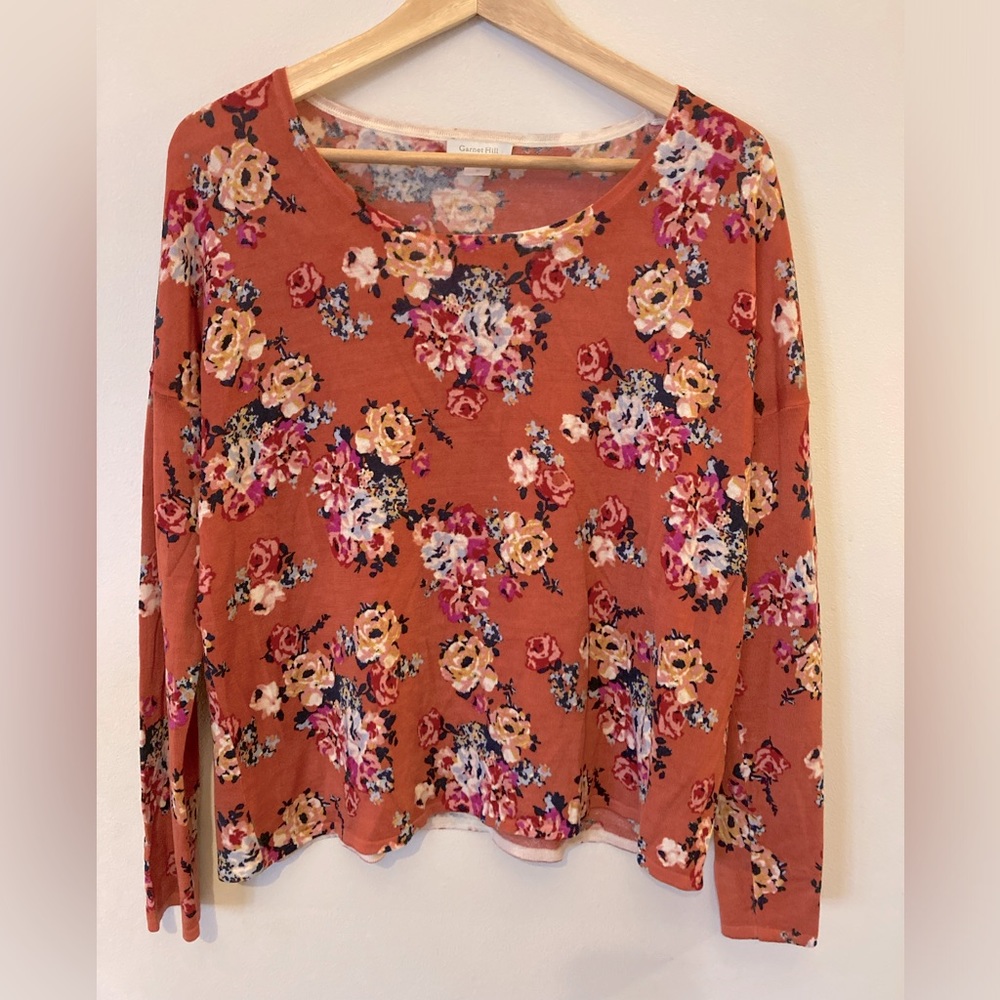 Garnet Hill Eco Merino Boxy Sweater, Spice Floral, Size M (8-10)